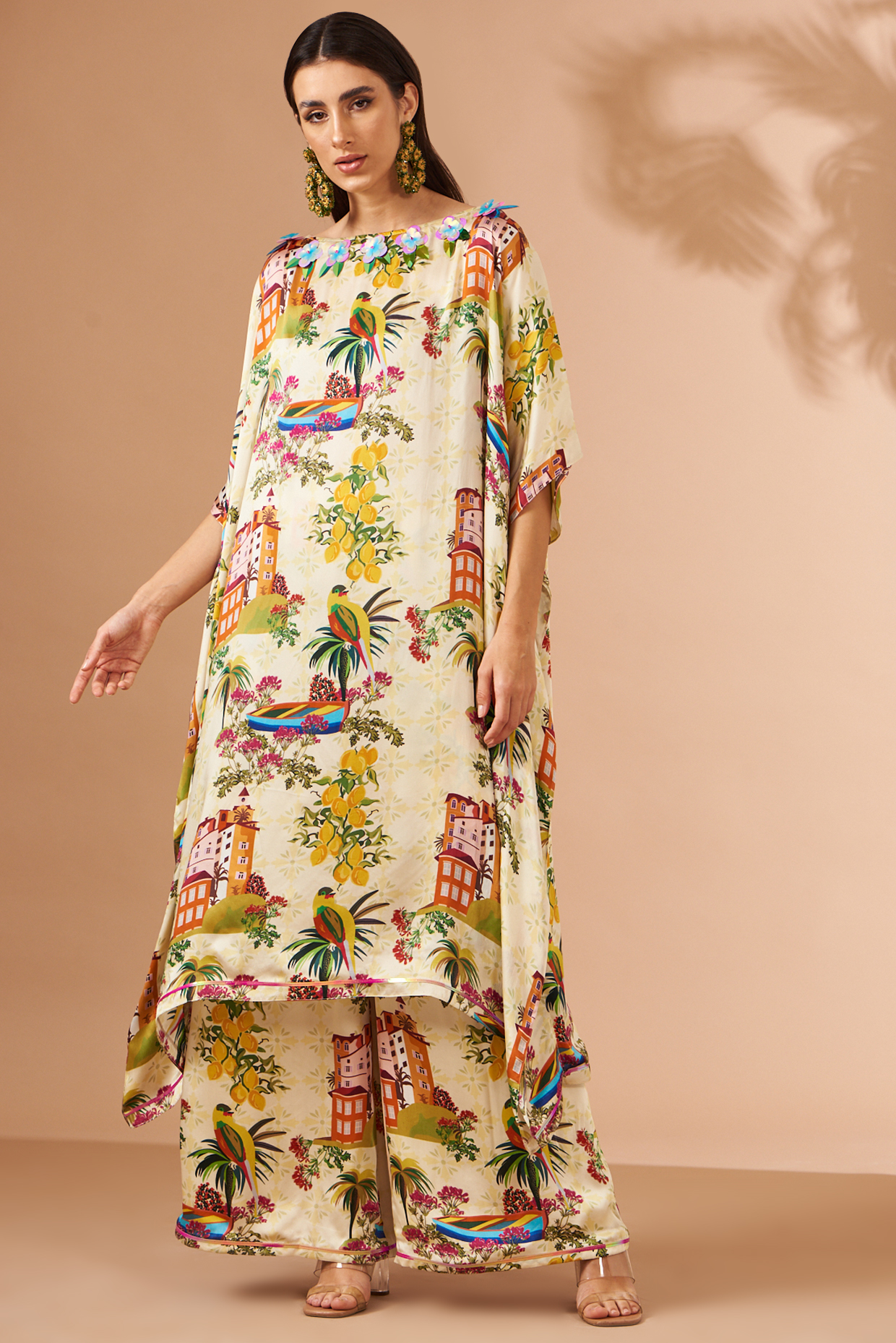 Light Yellow Bemberg Satin Printed Co-Ord Set by Liz Paul at Pernia's Pop Up Shop