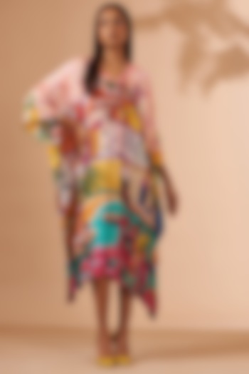 Multi-Colored Bemberg Satin Printed Kaftan Summer Dress by Liz Paul at Pernia's Pop Up Shop