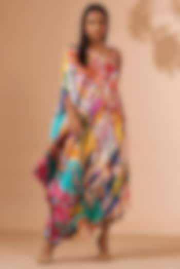 Multi-Colored Bemberg Satin Printed Asymmetric Dress by Liz Paul