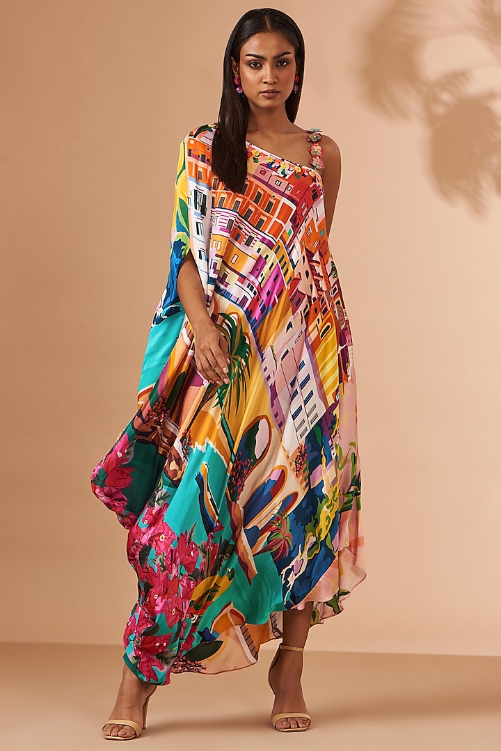 Multi-Colored Bemberg Satin Printed Asymmetric Dress by Liz Paul