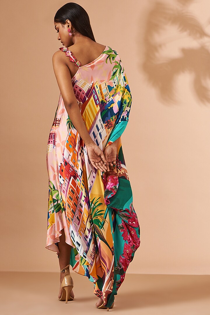 Multi-Colored Bemberg Satin Printed Asymmetric Summer Dress by Liz Paul at Pernia's Pop Up Shop
