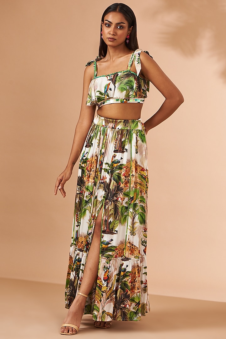 Ivory Cupro Satin Printed & Embroidered Gathered Skirt Set by Liz Paul