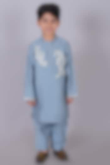Blue Viscose Polyester Floral Embroidered Kurta Set For Boys by Lil Drama