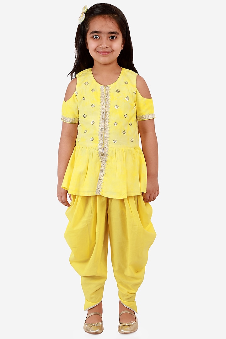 Yellow Embroidered Kurta Set For Girls by Lil Drama