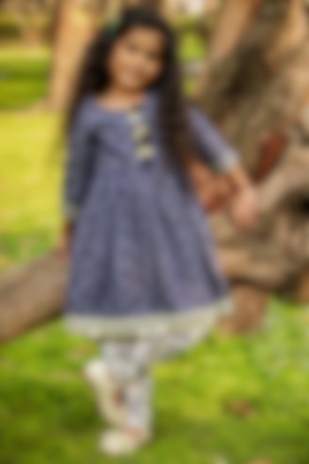 Navy Blue Floral Printed Kurta Set For Girls by Lil Drama