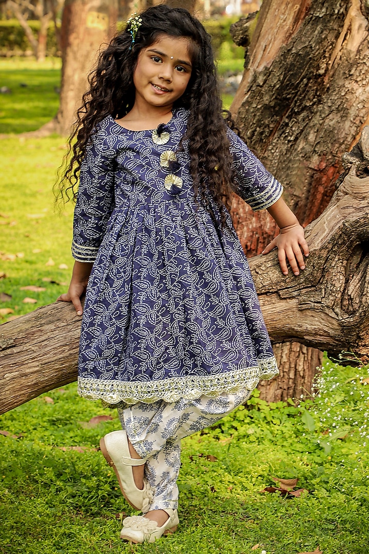 Navy Blue Floral Printed Kurta Set For Girls by Lil Drama