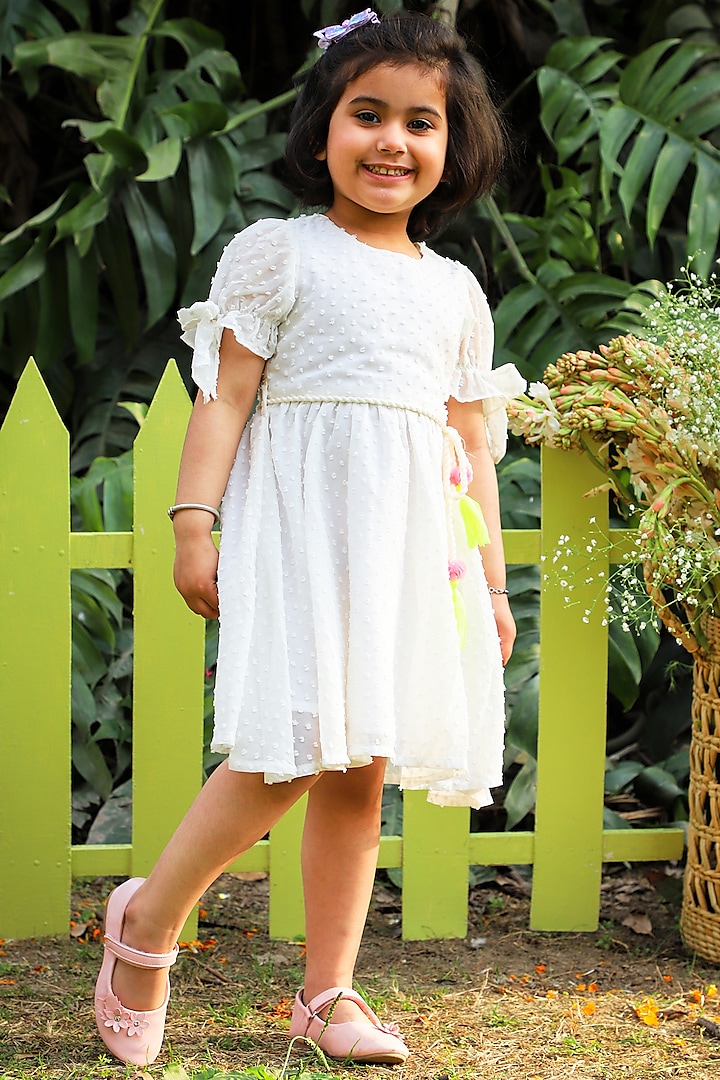 White Embroidered Dobby Dress For Girls by Lil Drama