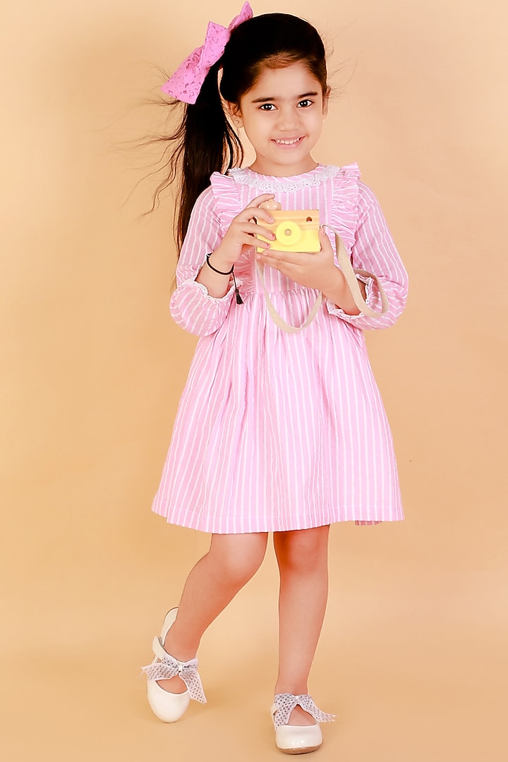 Pink Lace Embroidered Striped Dress For Girls by Lil Drama