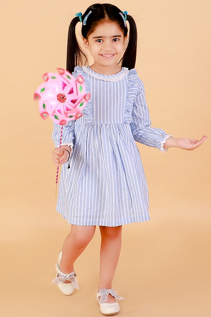 Blue Lace Embroidered Striped Dress For Girls by Lil Drama