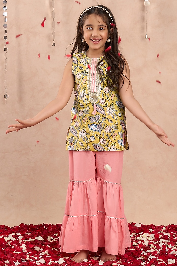 Yellow Cotton Floral Printed Kurta Set For Girls by Lil Drama at Pernia's Pop Up Shop