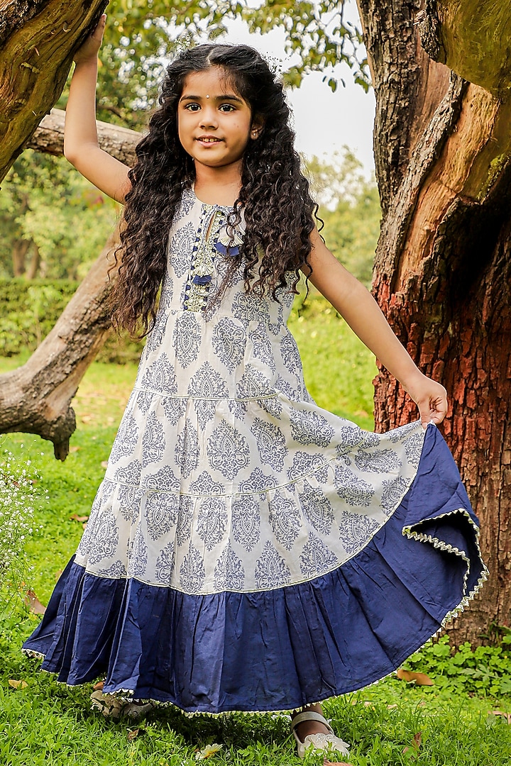 Navy Blue & White Printed Gown For Girls by Lil Drama