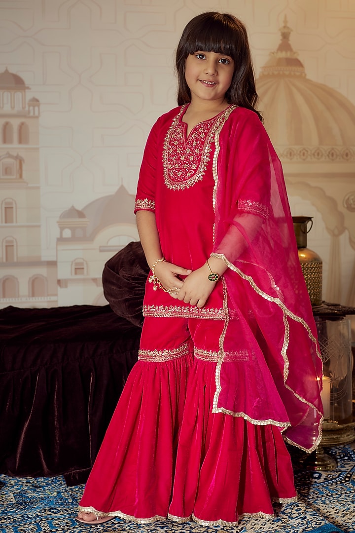 Maroon Velvet Cutdana Embroidered Sharara Set by Li'l Angels at Pernia's Pop Up Shop