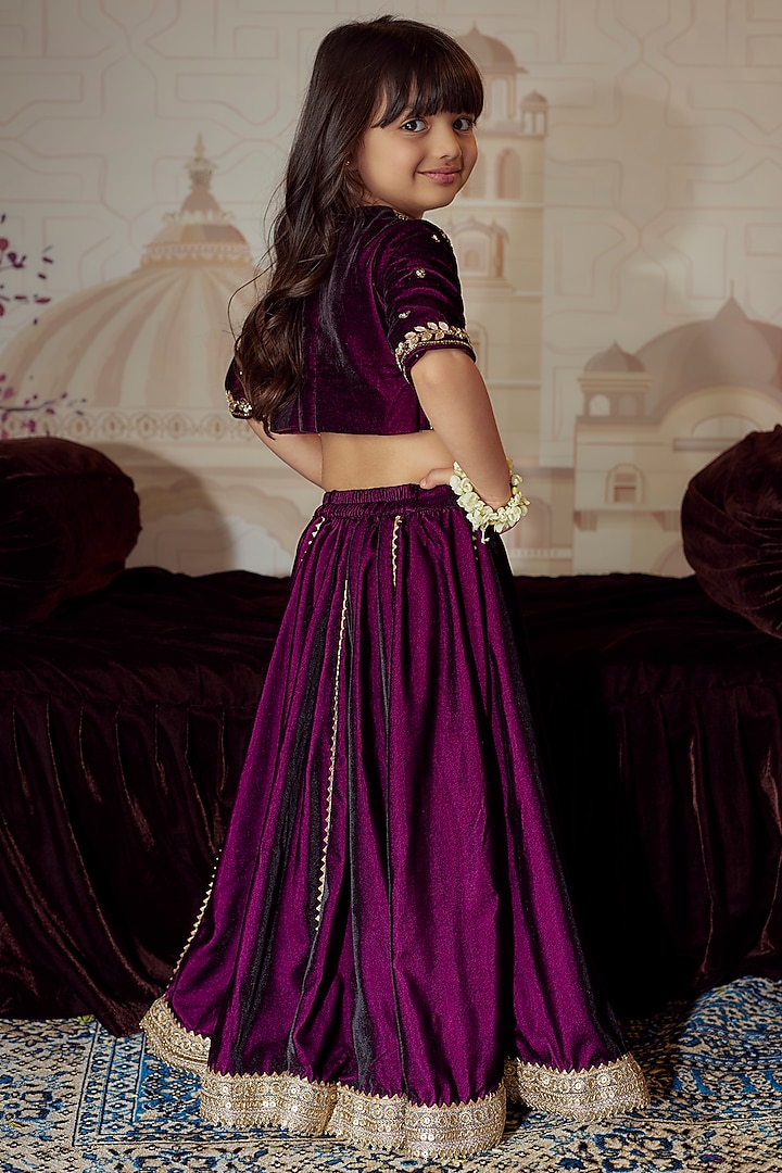 Wine Velvet Gota Hand Embroidered Lehenga Set For Girls by Li'l Angels at Pernia's Pop Up Shop