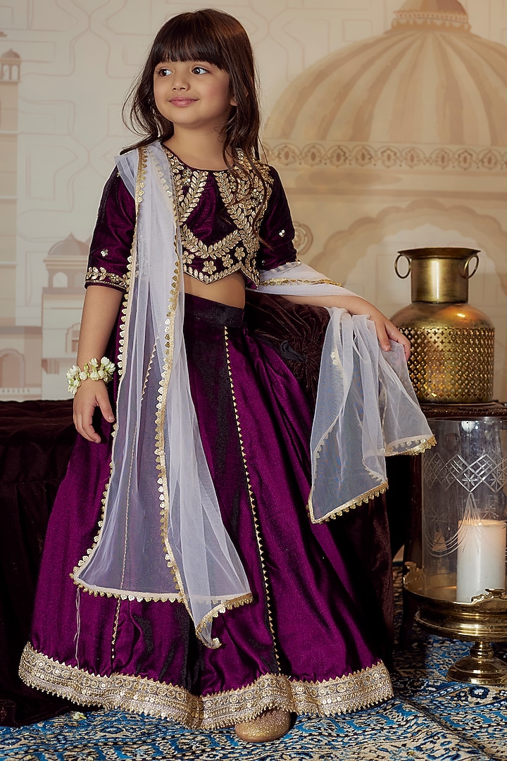 Wine Velvet Gota Hand Embroidered Lehenga Set For Girls by Li'l Angels at Pernia's Pop Up Shop