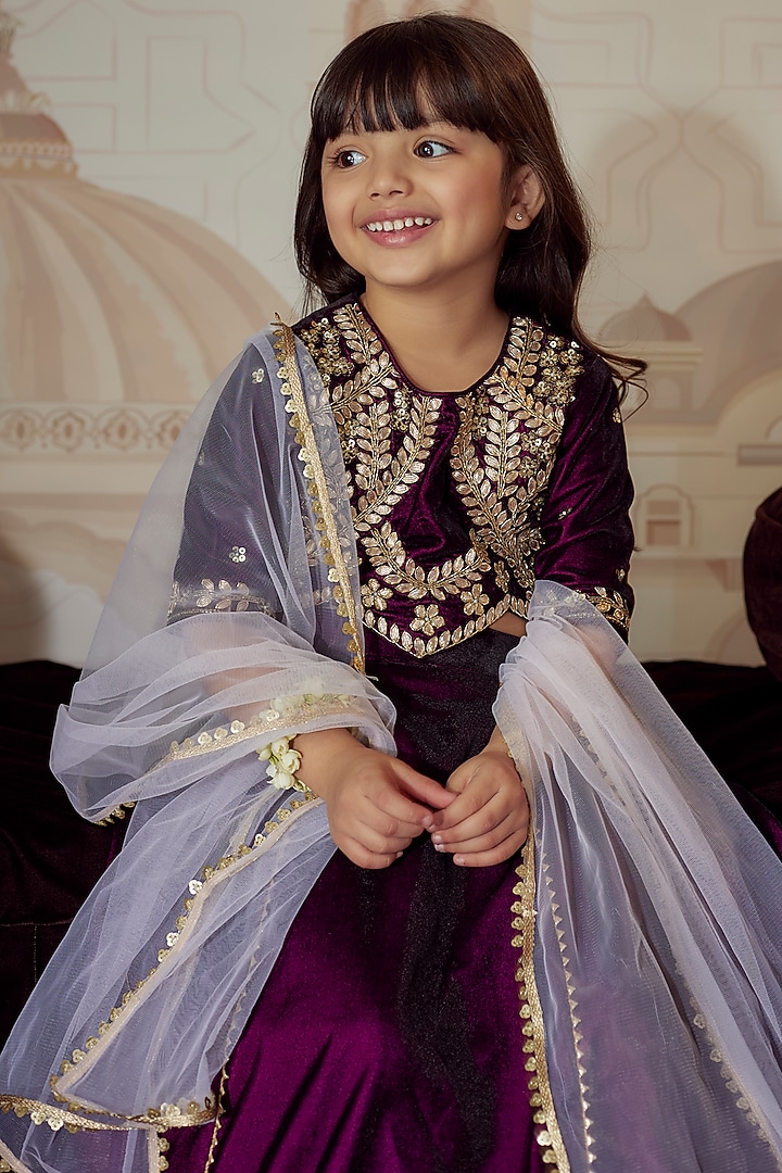 Wine Velvet Gota Hand Embroidered Lehenga Set For Girls by Li'l Angels at Pernia's Pop Up Shop