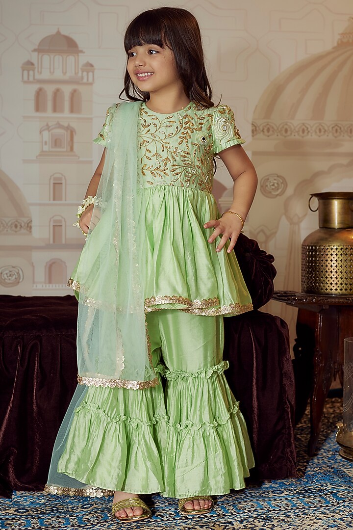 Mint Chanderi Sharara Set For Girls by Li'l Angels at Pernia's Pop Up Shop
