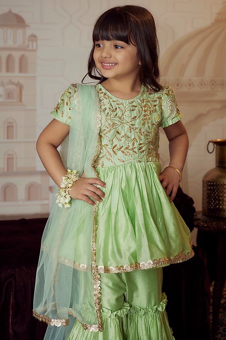 Mint Chanderi Sharara Set For Girls by Li'l Angels at Pernia's Pop Up Shop