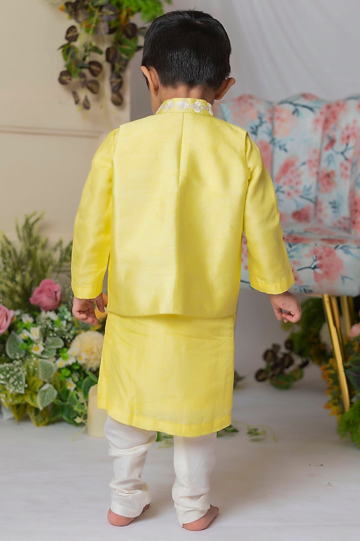 Yellow Embroidered Bundi Jacket With Kurta Set For Boys by Li'l Angels at Pernia's Pop Up Shop