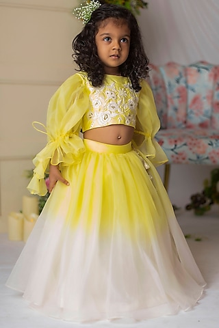 Yellow & White Organza & Dupion Lehenga Set For Girls by Li'l Angels