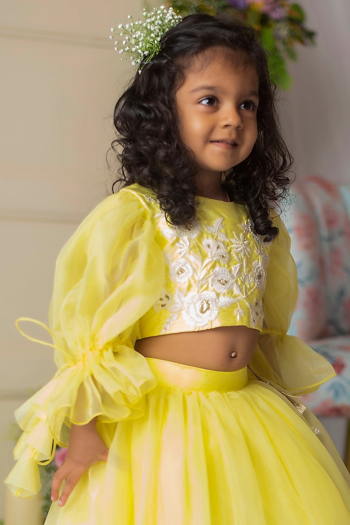 Yellow & White Organza & Dupion Lehenga Set For Girls by Li'l Angels at Pernia's Pop Up Shop