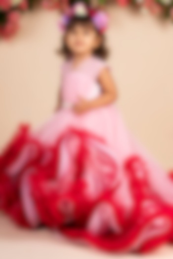 Pink & Wine Ruffled Trail Gown For Girls by Li'l Angels