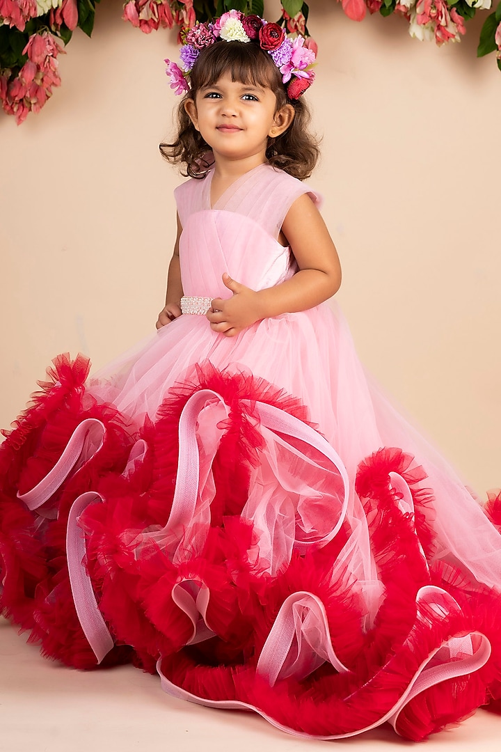 Pink & Wine Ruffled Trail Gown For Girls by Li'l Angels
