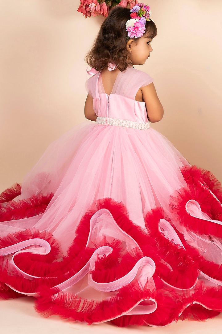 Pink & Wine Ruffled Trail Gown For Girls by Li'l Angels at Pernia's Pop Up Shop