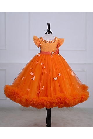 Orange Net & Satin Embroidered Gown For Girls by Li & Li Boutique