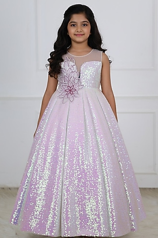 White Sequins Embroidered Gown For Girls by Li & Li Boutique