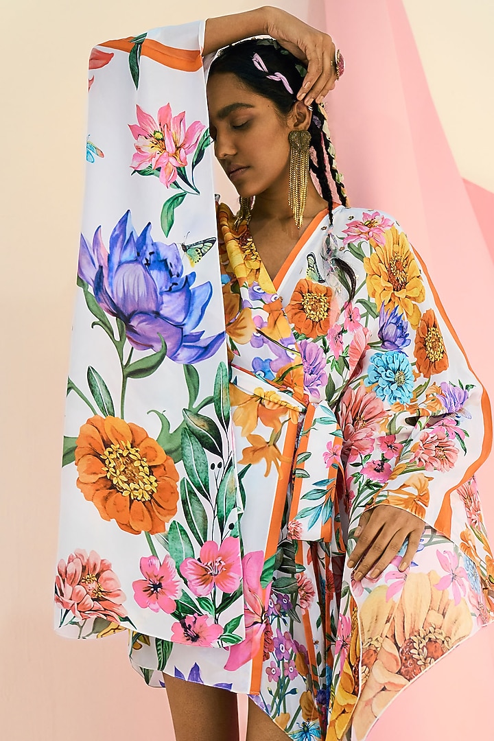 White Printed Asymmetrical Kaftan by Limerick By Abirr N' Nanki at Pernia's Pop Up Shop