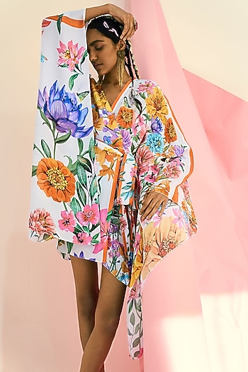 White Printed Asymmetrical Kaftan by Limerick By Abirr N' Nanki at Pernia's Pop Up Shop