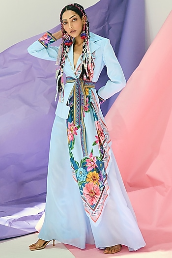 Sky Blue Crepe Embroidered Jacket by Limerick By Abirr N' Nanki at Pernia's Pop Up Shop