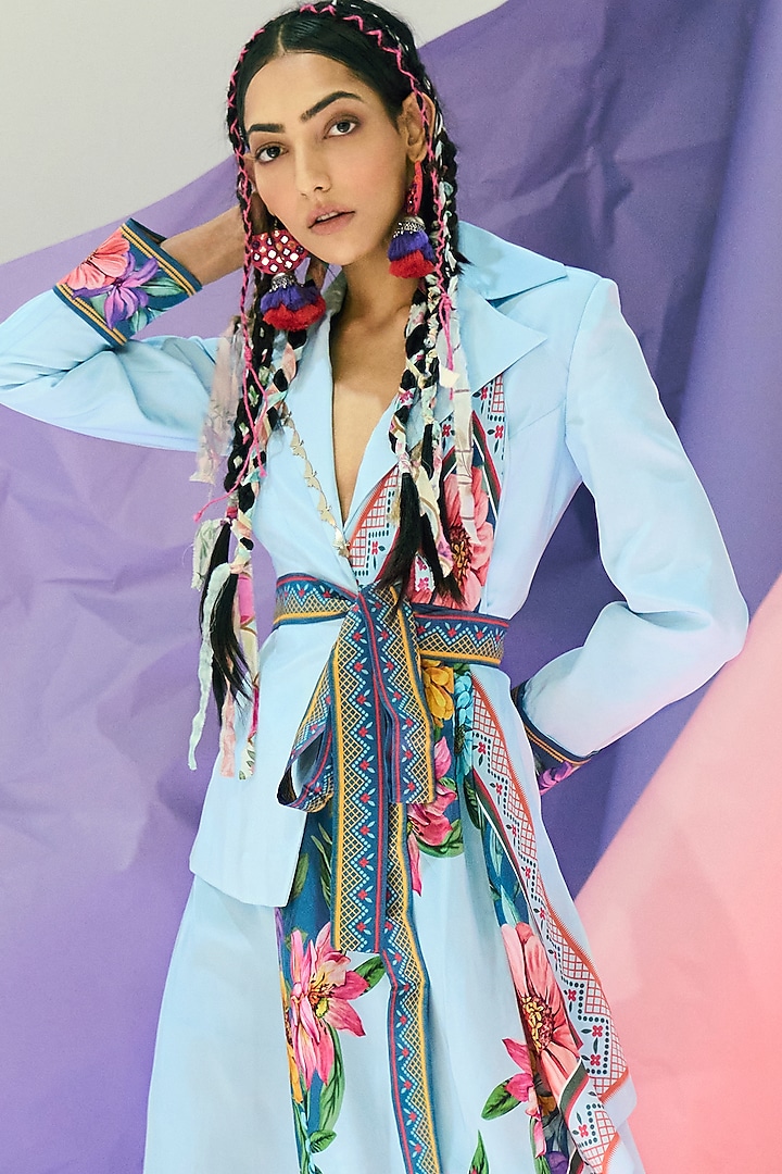 Sky Blue Printed Pants by Limerick By Abirr N' Nanki at Pernia's Pop Up Shop