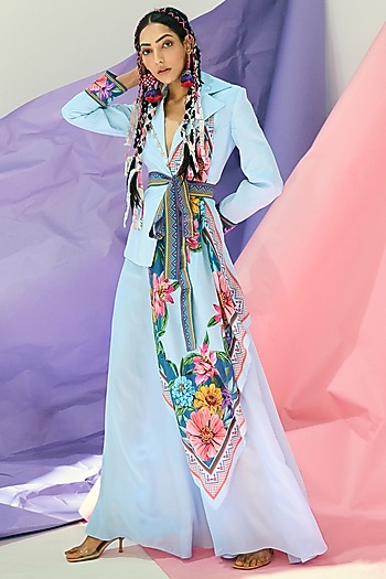 Sky Blue Crepe Pant Set by Limerick By Abirr N' Nanki at Pernia's Pop Up Shop