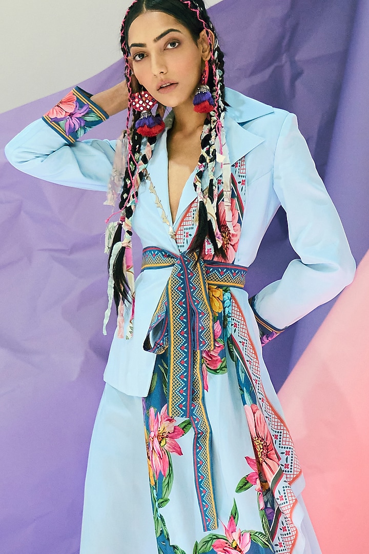 Sky Blue Crepe Embroidered Jacket by Limerick By Abirr N' Nanki at Pernia's Pop Up Shop