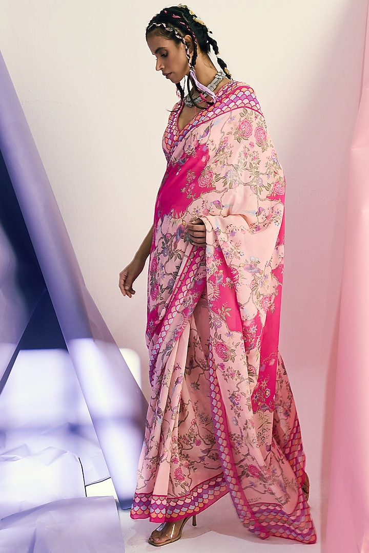 Pink Printed Saree Set by Limerick By Abirr N' Nanki