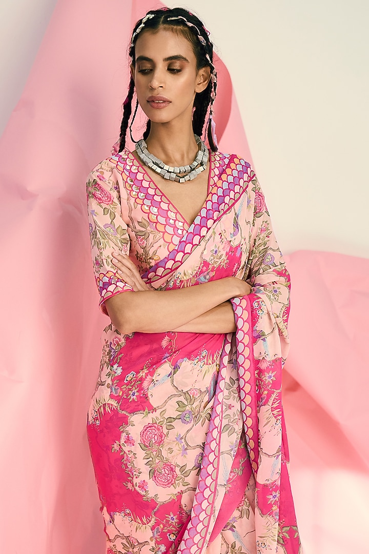 Pink Printed Festive Saree by Limerick By Abirr N' Nanki at Pernia's Pop Up Shop