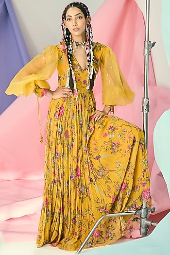 Mustard Printed Maxi Vacation Dress by Limerick By Abirr N' Nanki at Pernia's Pop Up Shop