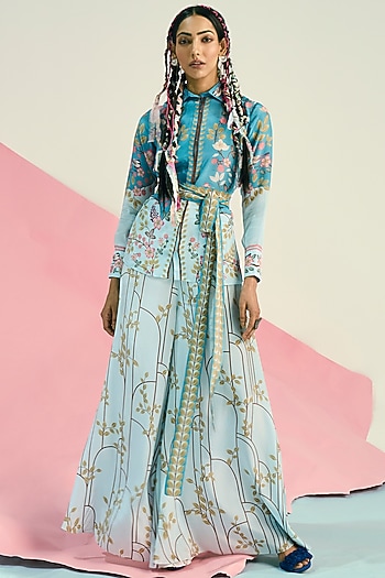 Blue Printed Flared Pant Set by Limerick By Abirr N' Nanki at Pernia's Pop Up Shop