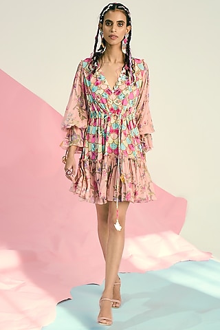 Peach Crepe Embroidered Dress by Limerick By Abirr N' Nanki