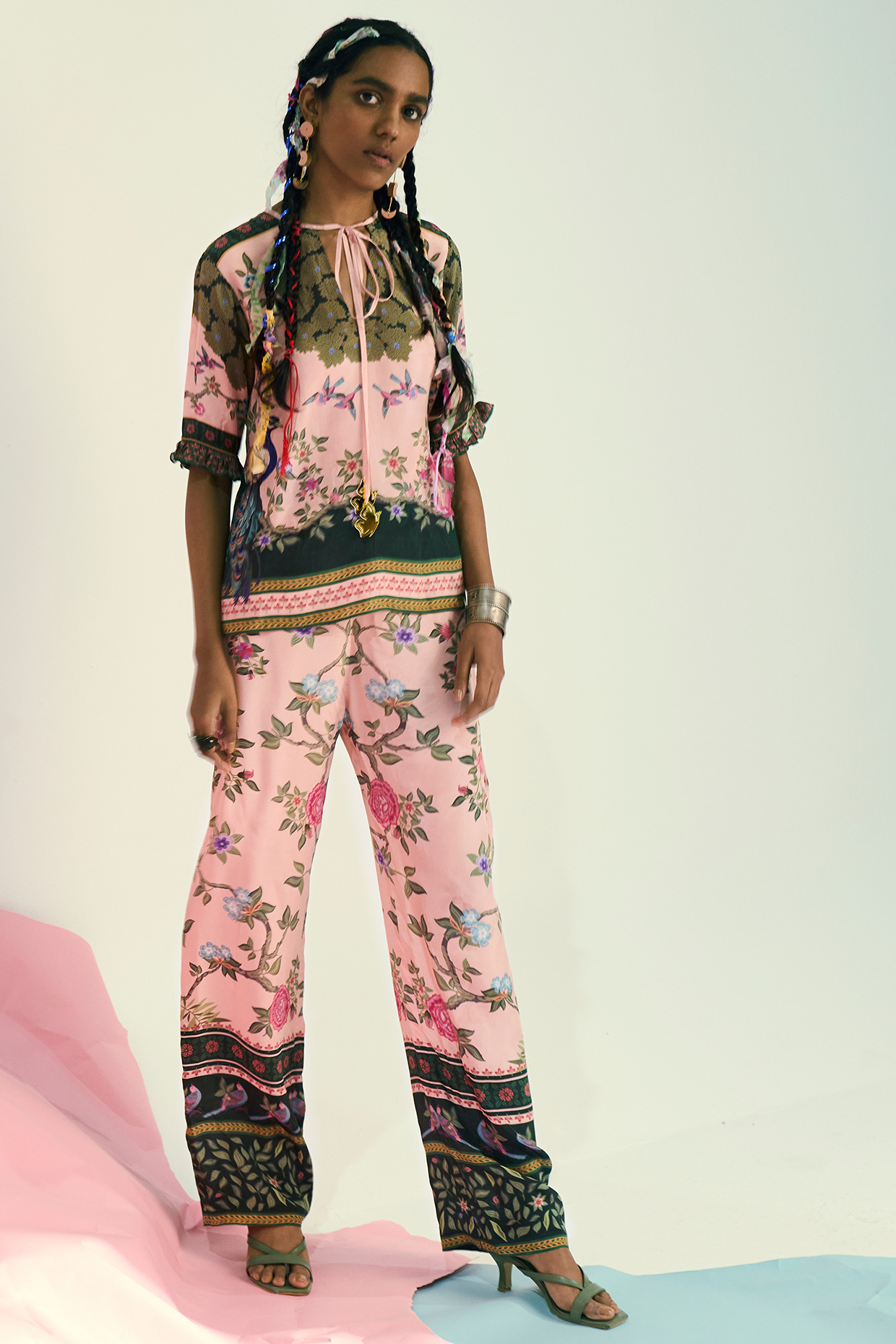 Pink Crepe Printed Pant Set by Limerick By Abirr N' Nanki