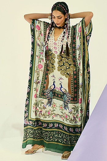 White & Green Printed Kaftan by Limerick By Abirr N' Nanki at Pernia's Pop Up Shop