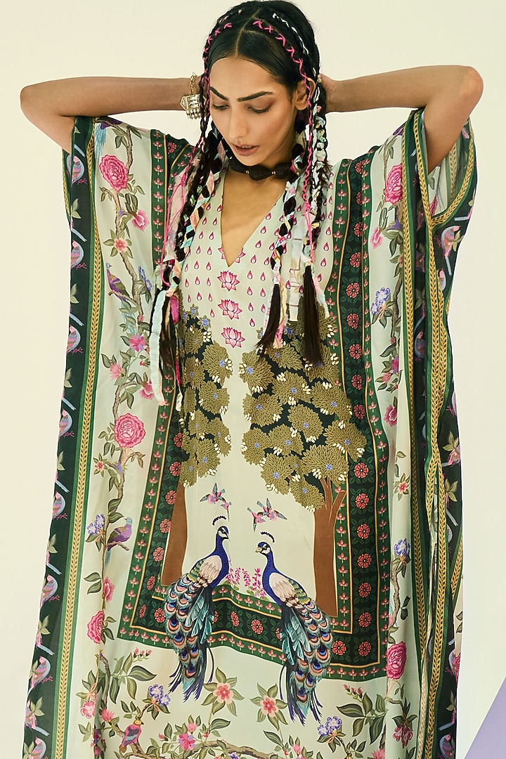 White & Green Printed Kaftan by Limerick By Abirr N' Nanki at Pernia's Pop Up Shop