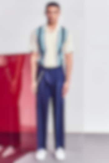 Navy Blue Pleated Wide-Legged Pants by Line Outline at Pernia's Pop Up Shop