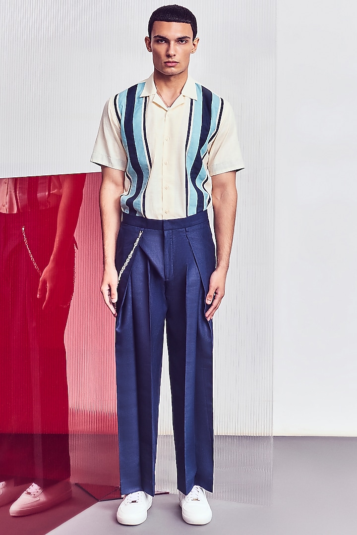 Navy Blue Pleated Wide-Legged Pants by Line Outline at Pernia's Pop Up Shop