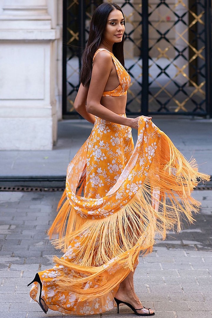 Orange & White Crepe Silk Printed Skirt Set by Arpita Mehta