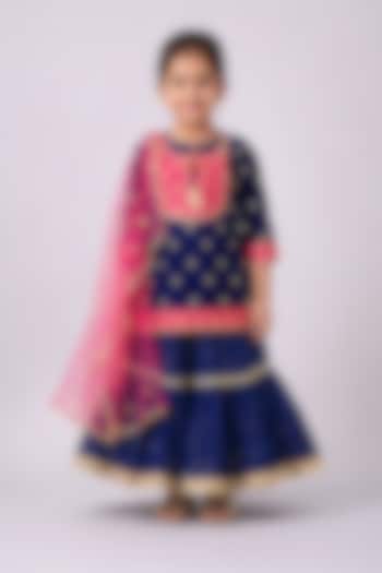 Dark Blue Hand Embroidered Sharara Set For Girls by Little Bansi at Pernia's Pop Up Shop