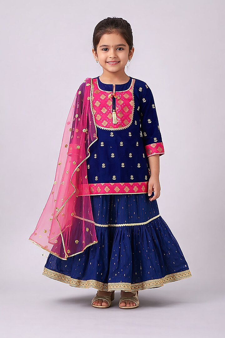 Dark Blue Hand Embroidered Sharara Set For Girls by Little Bansi at Pernia's Pop Up Shop