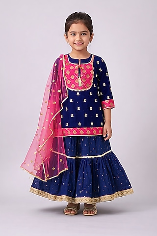 Dark Blue Hand Embroidered Sharara Set For Girls by Little Bansi