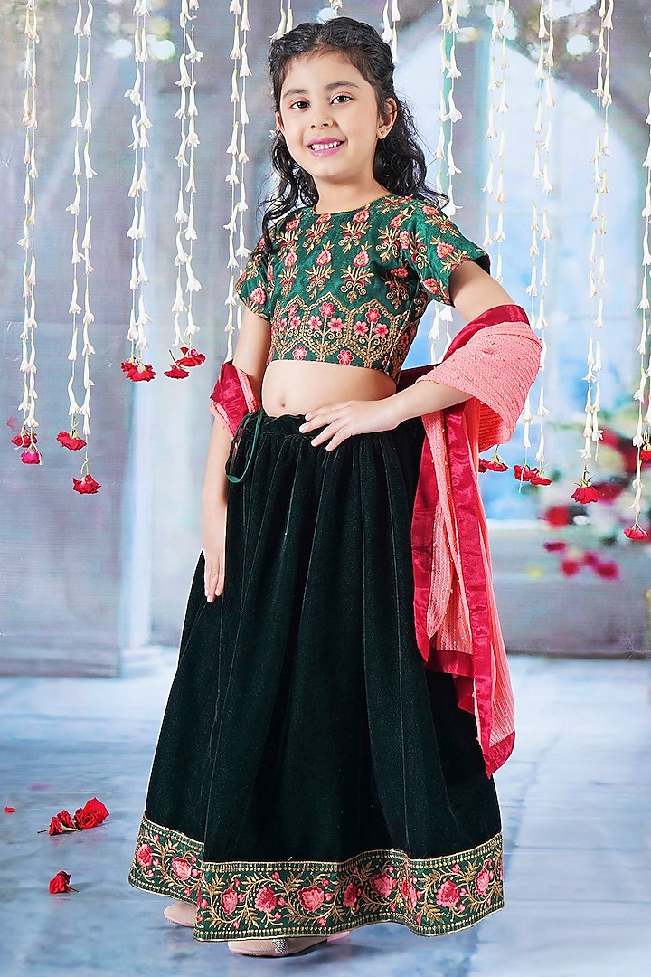 Green Velvet Floral Embroidered Lehenga Set For Girls by Little Bansi at Pernia's Pop Up Shop